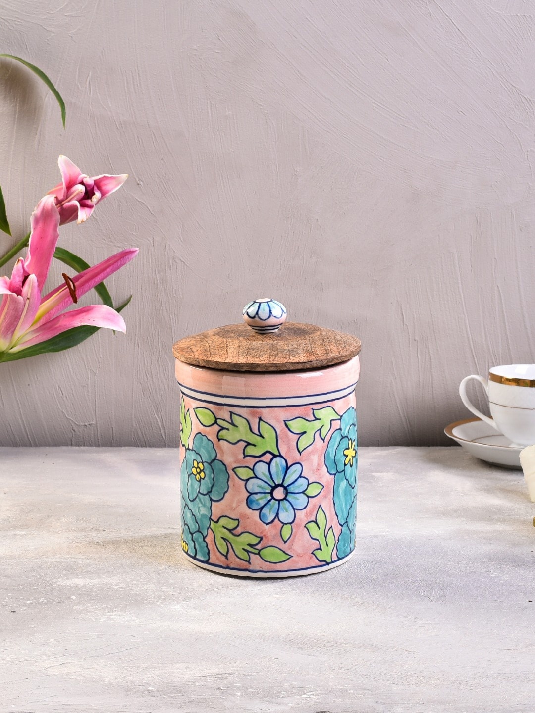 

The 7 DeKor Printed Ceramic Jar With Wooden Lid Organisers, Pink