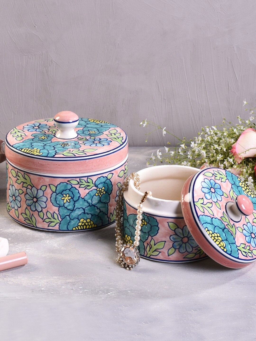 

The 7 DeKor Set Of 2 Printed Ceramic Jar With Lid, Pink