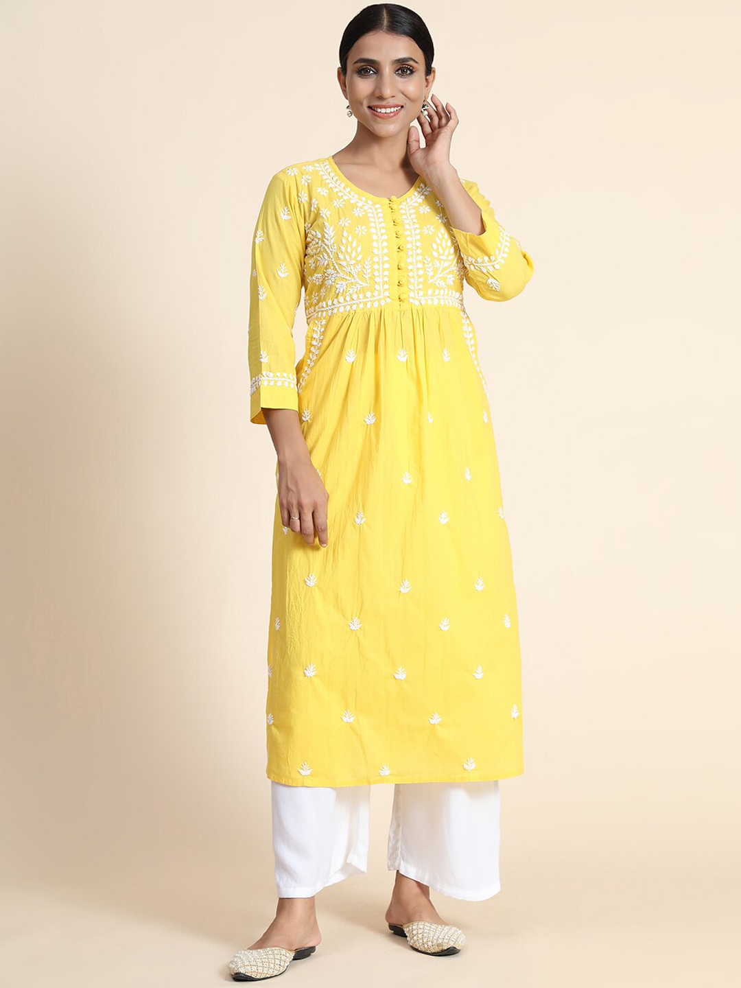 

HOUSE OF KARI Women Cotton Floral Embroidered Thread Work Kurta, Yellow