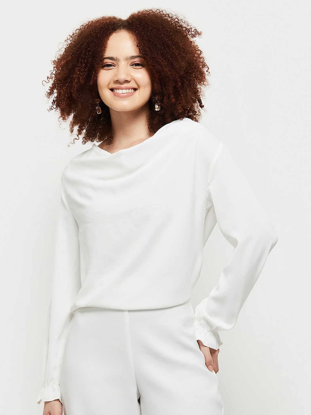 

max Women Cowl Neck Long Sleeve Top, White
