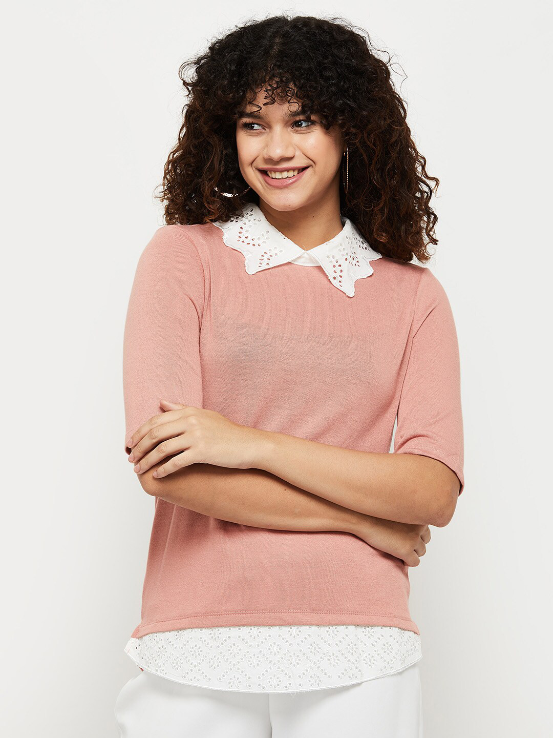 

max Women Solid Lace Insert Regular Top, Pink