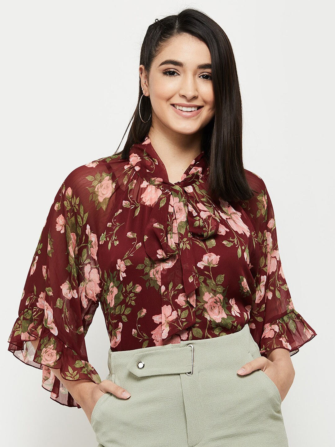 

max Women Floral Printed Tie-Up Neck Top, Maroon