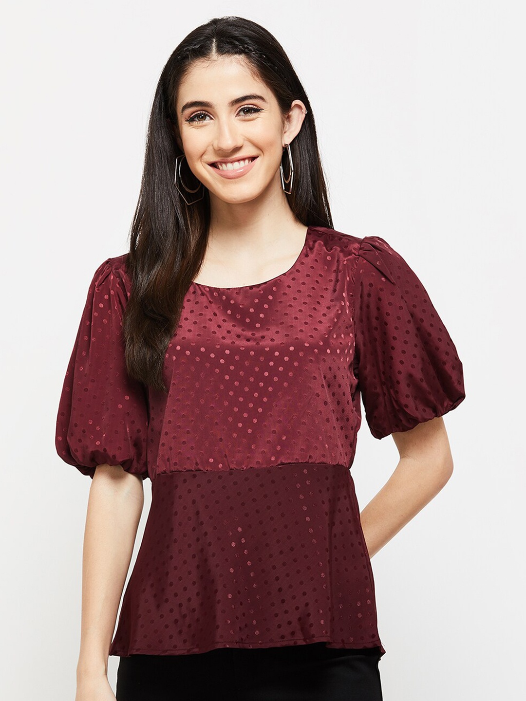 

max Women Self-Design Peplum Top, Maroon