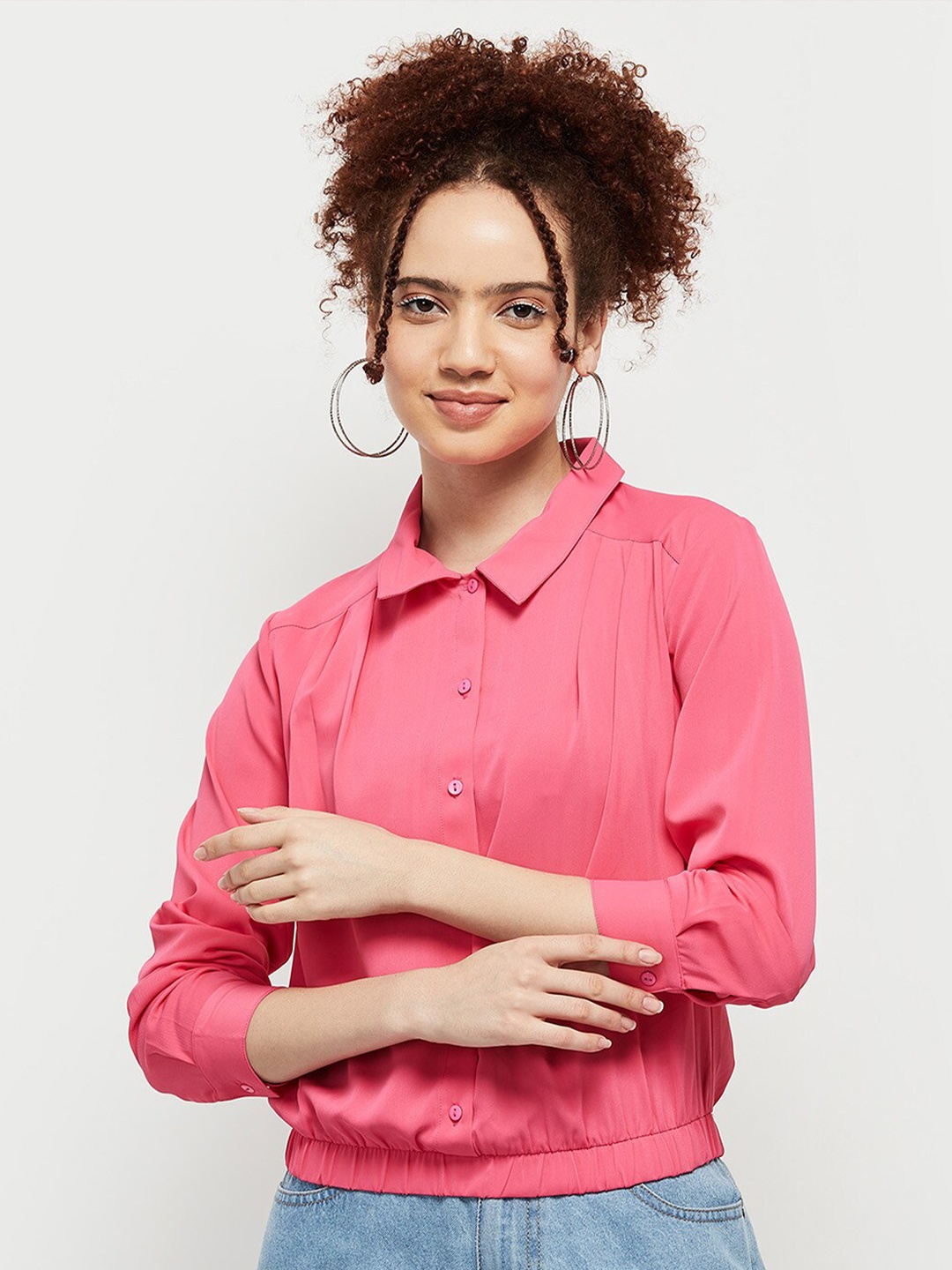 

max Women Solid Pleated Shirt Style Top, Pink