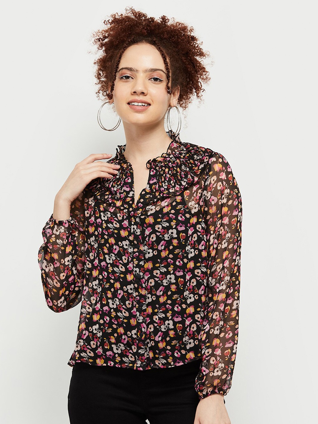 

max Women Floral Printed Shirt Style Top, Black