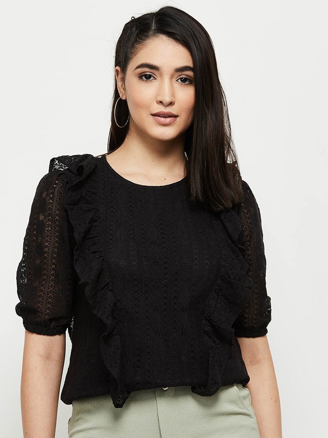 

max Women Solid Lace Ruffled Top, Black