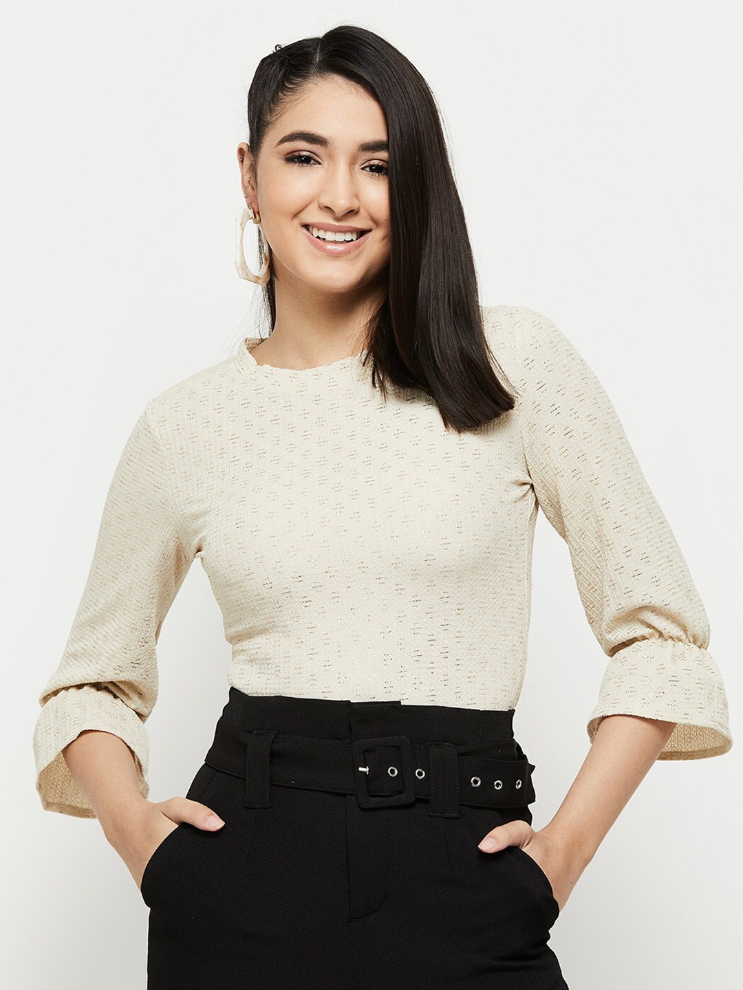 

max Women Self-Design Bell Sleeve Top, Off white