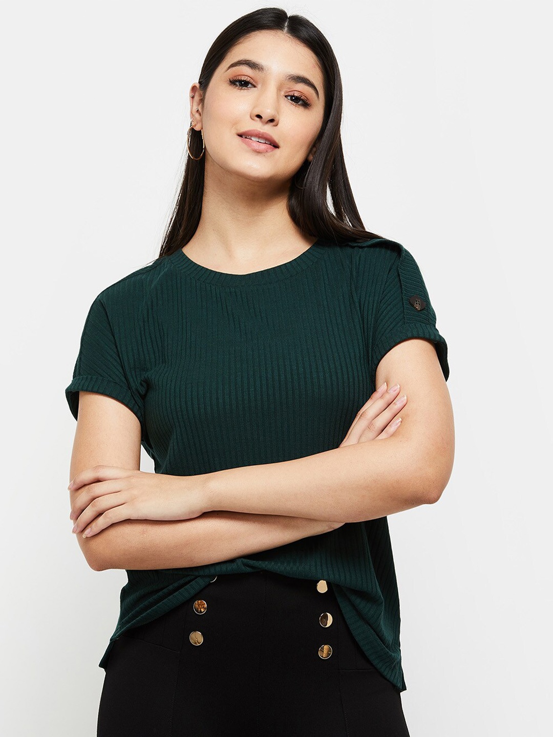 

max Women Self Design Round Neck Extended Sleeves Top, Green