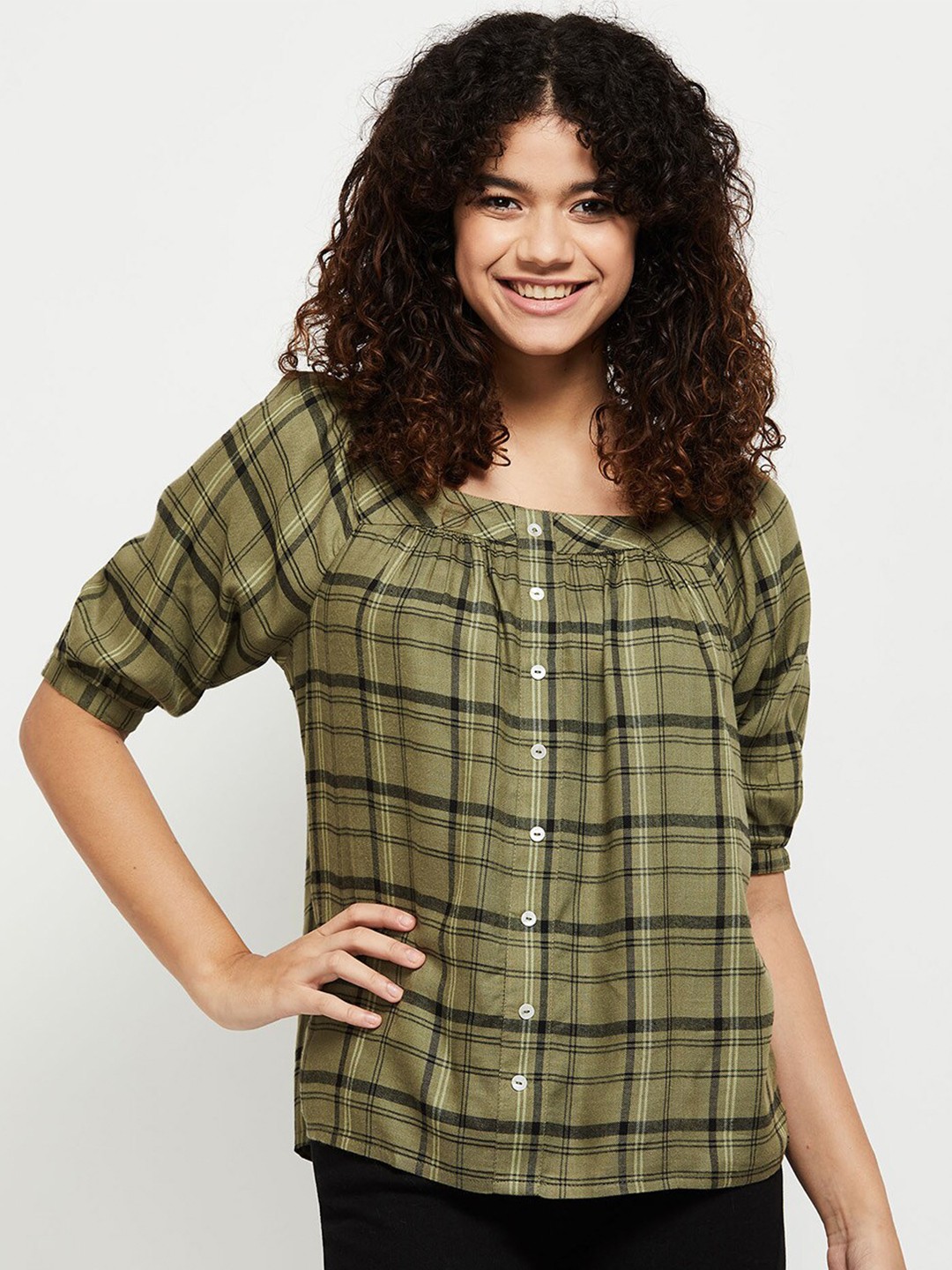 

max Women Checked Viscose Rayon Square Neck Top, Olive