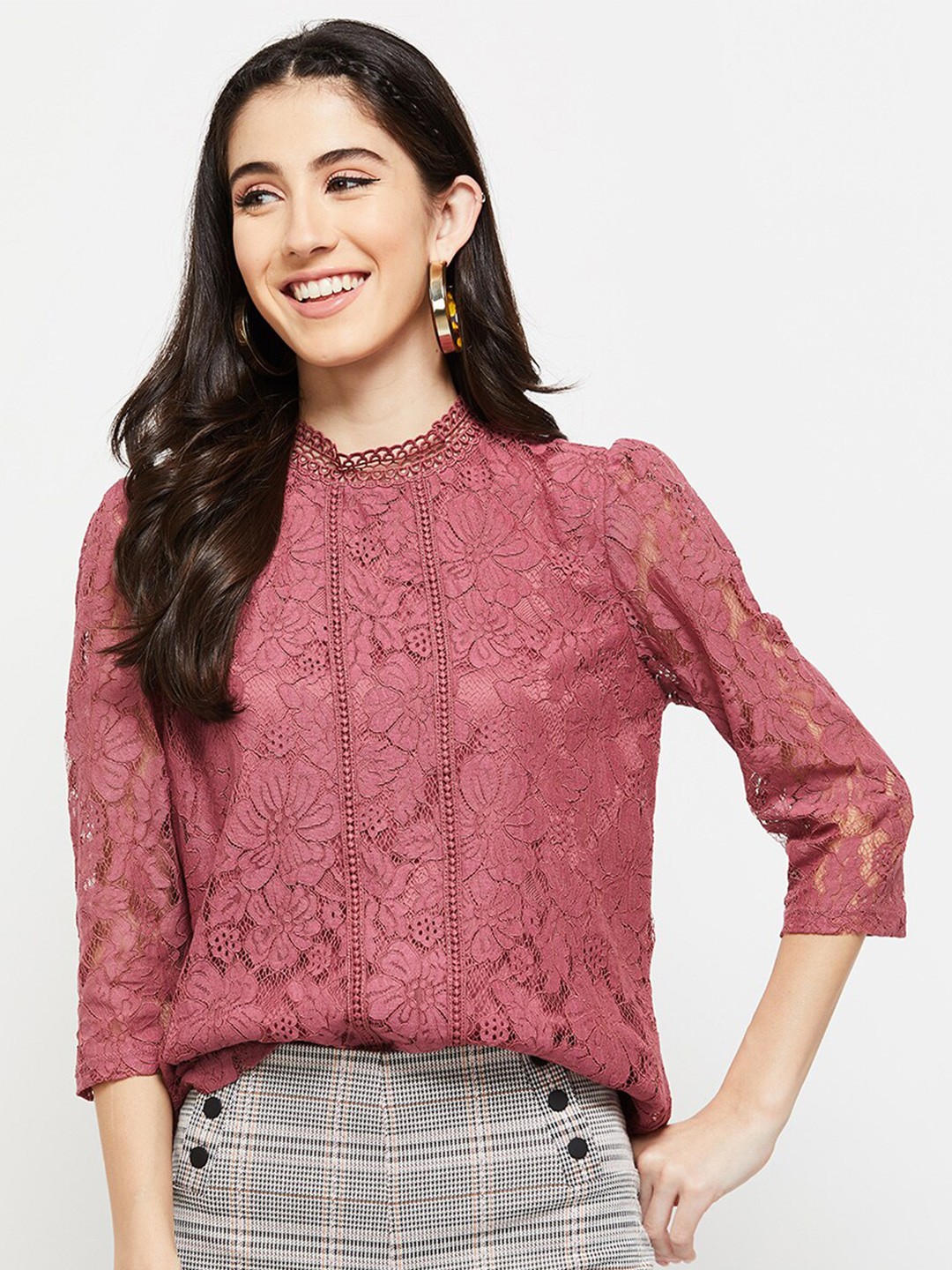 

max Women Peach Self Design High Neck Top