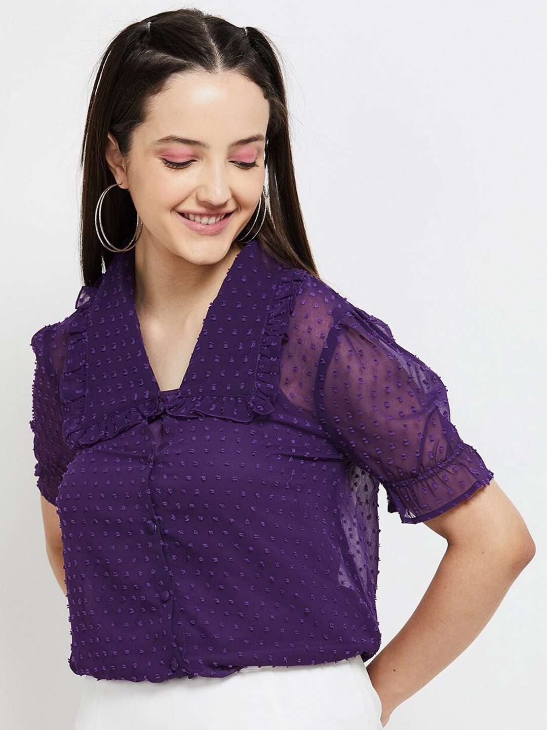 

max Women Self Design Puff Sleeves Shirt Style Top, Purple