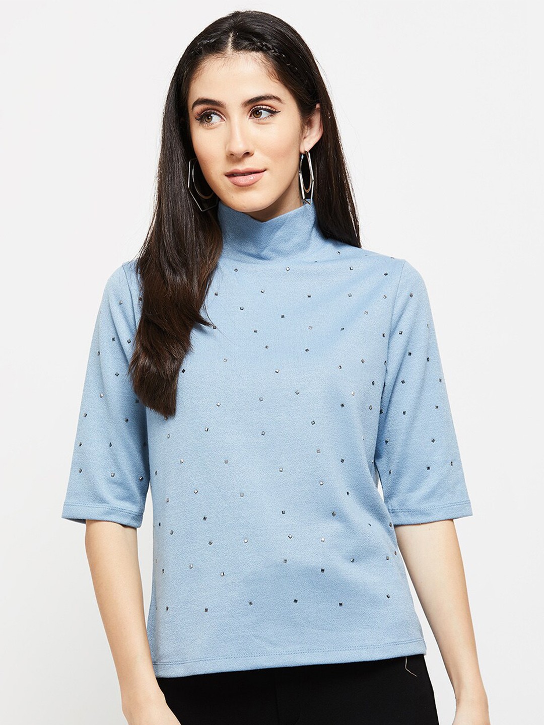 

max Women Embellished High Neck Regular Top, Blue
