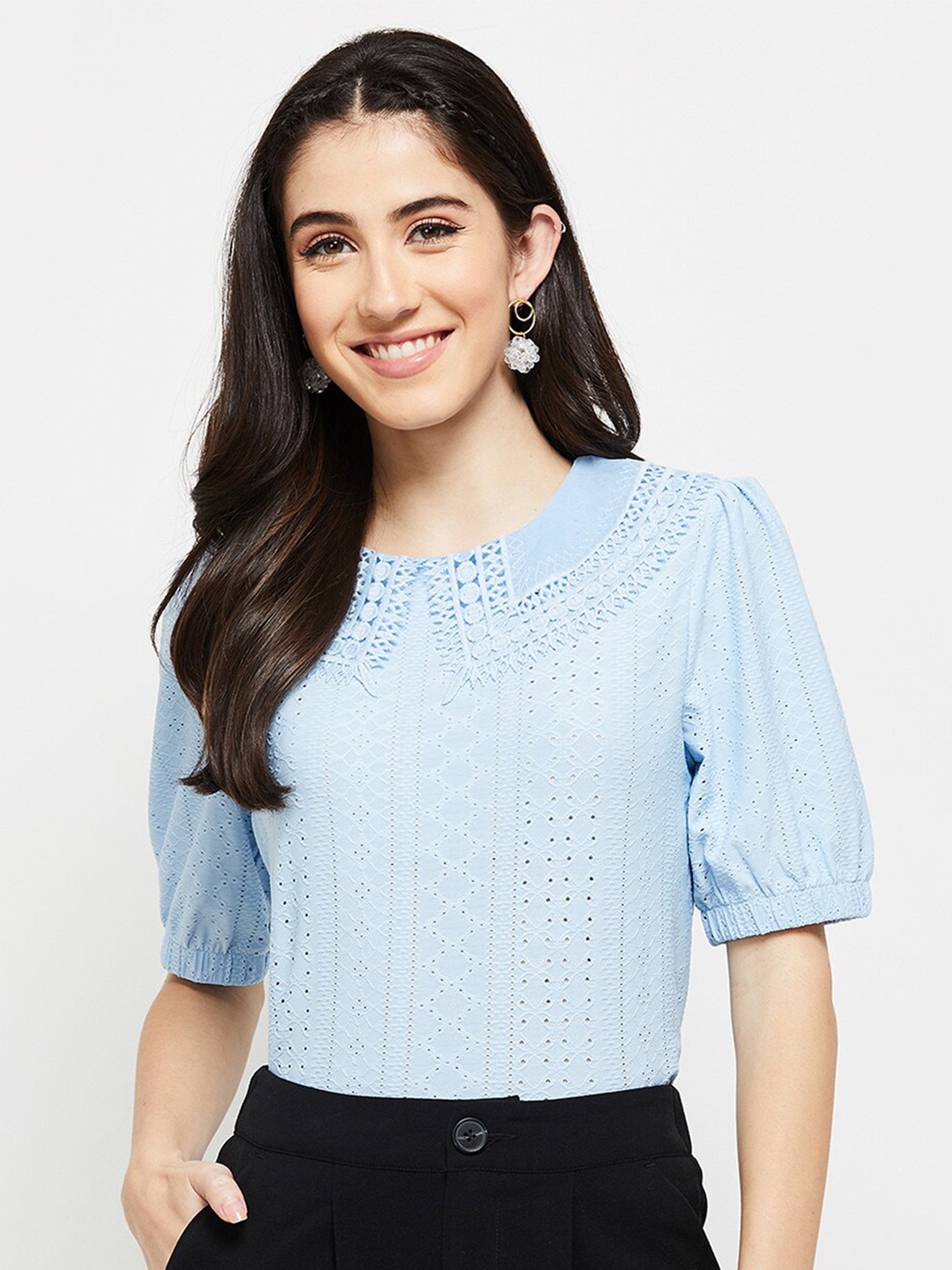 

max Women Self Designed Peter Pan Collar Top, Blue