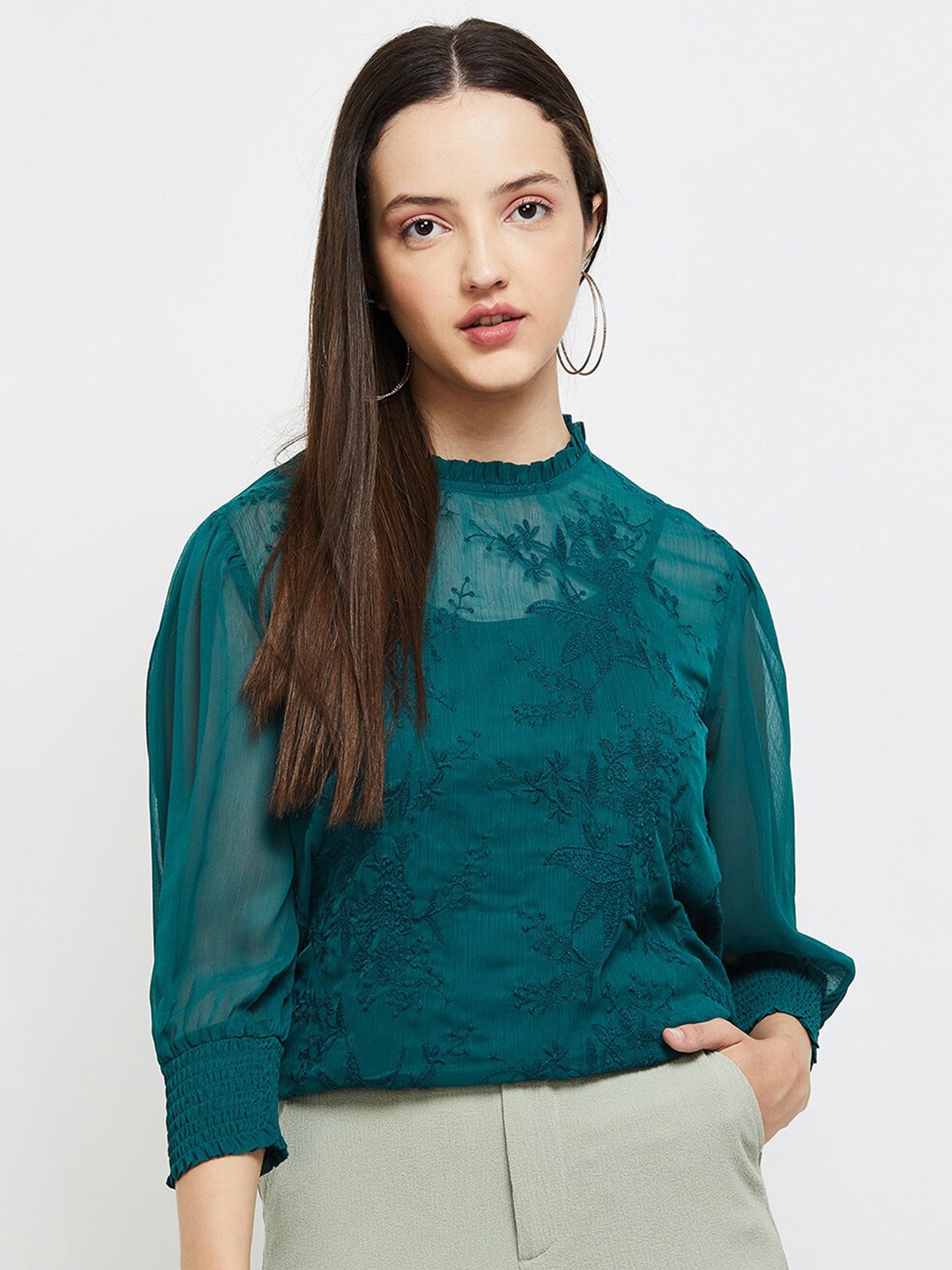 

max Women Embroidered Polyester High Neck Top, Teal