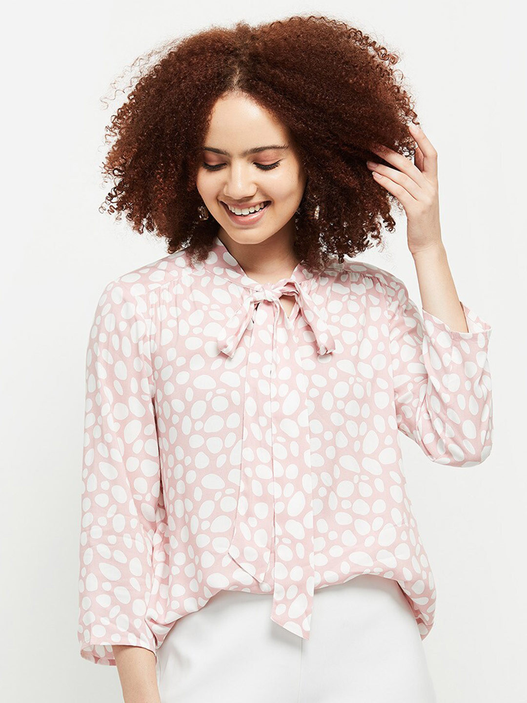 

max Women Geometric Printed Tie-Up Neck Shirt Style Top, Peach