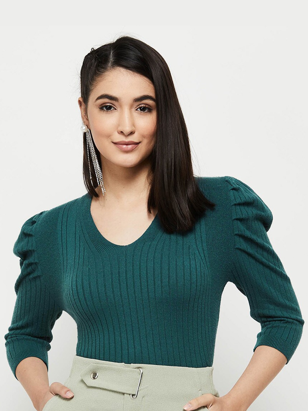

max Women Self Designed Cotton Blend Puff Sleeves Top, Green