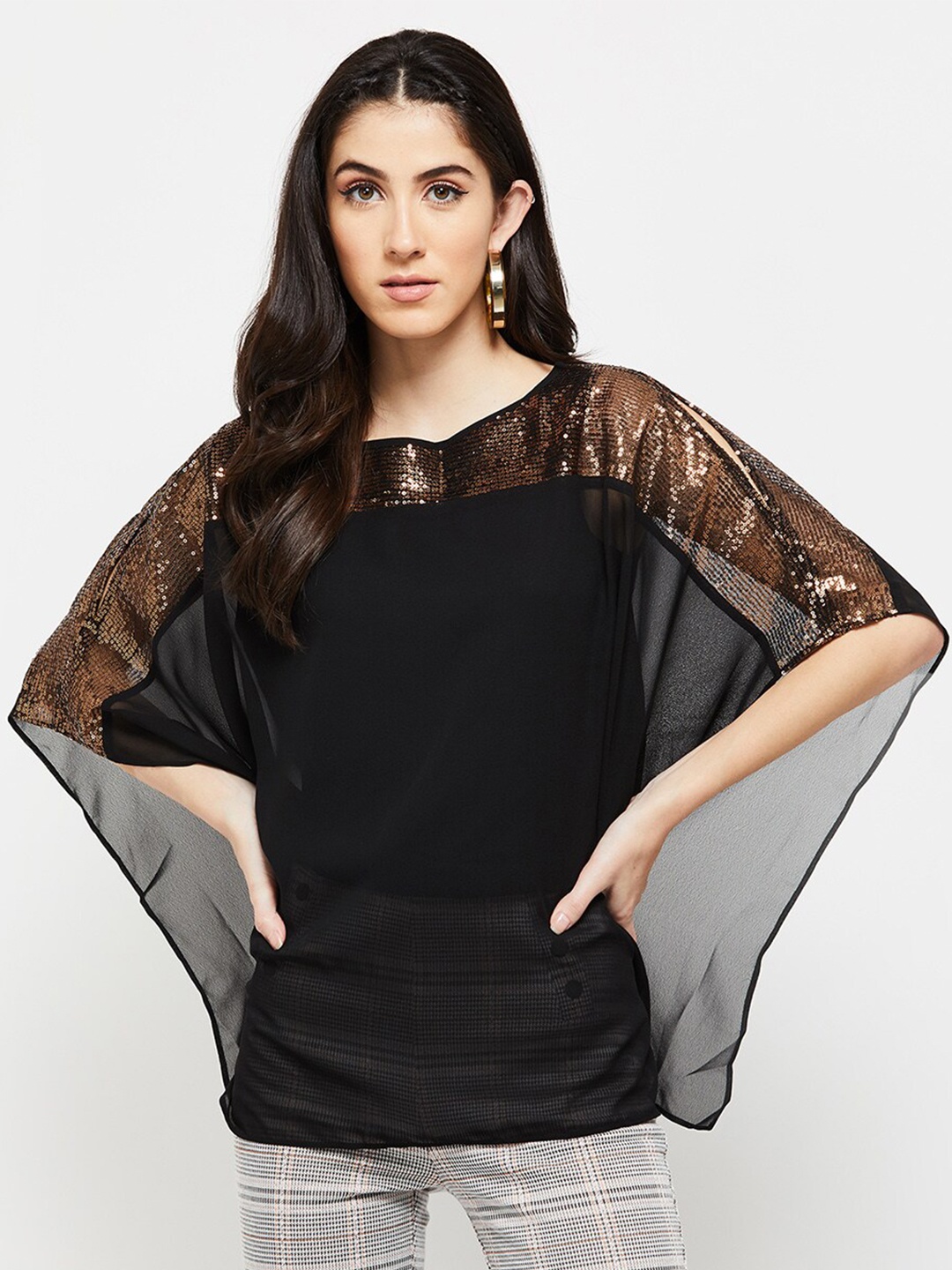 

max Women Embellished Boat Neck Kaftan Top, Black