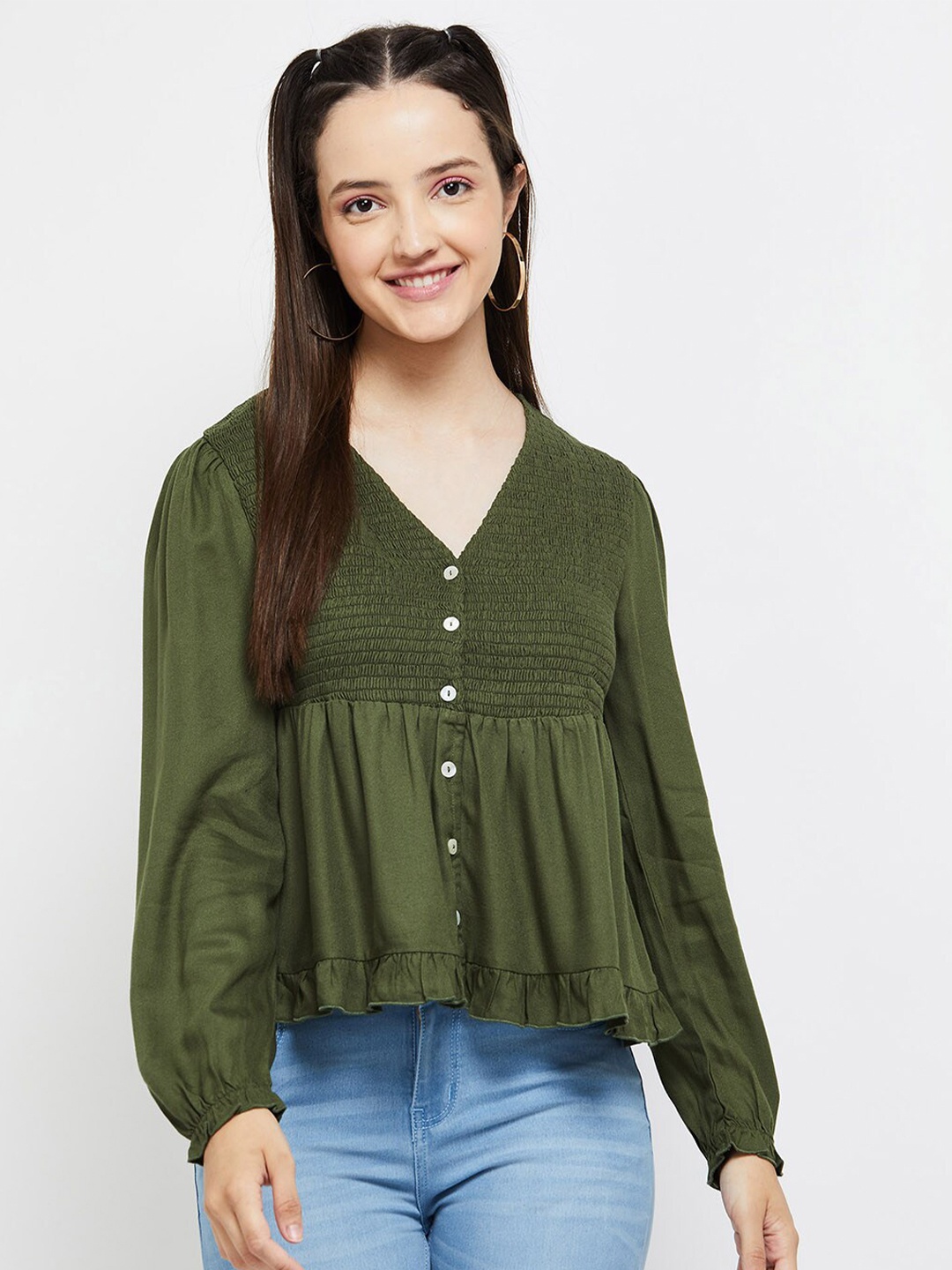 

max Women Solid V-Neck Puff Sleeves Empire Crop Top, Olive