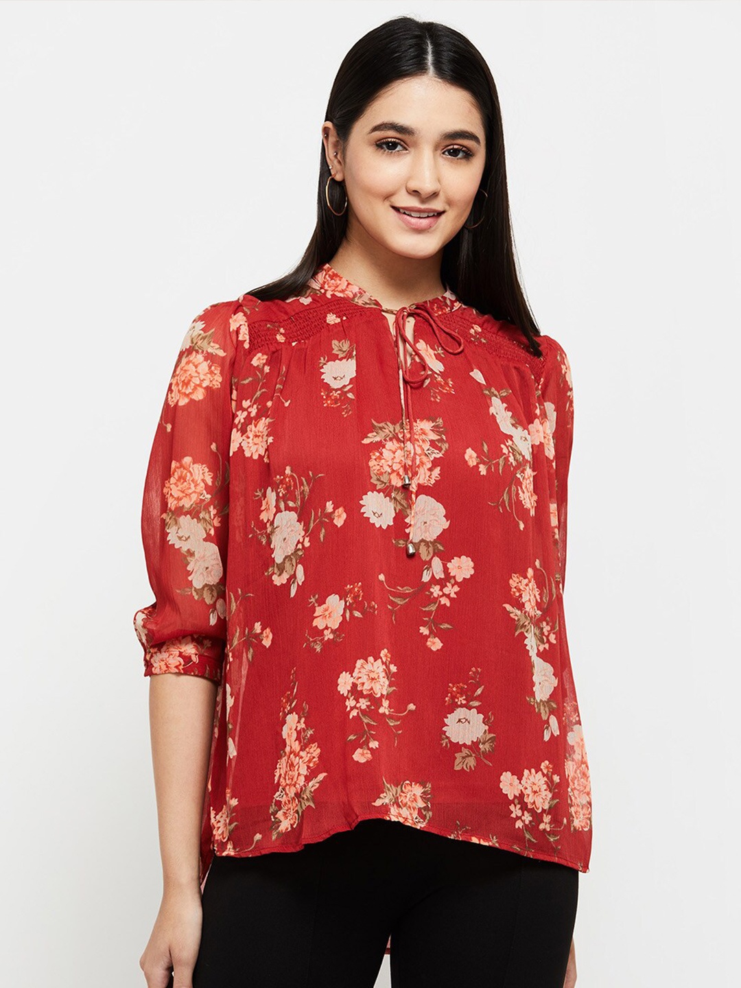 

max Women Floral Printed Puff Sleeves Tie-Up Neck Top, Rust