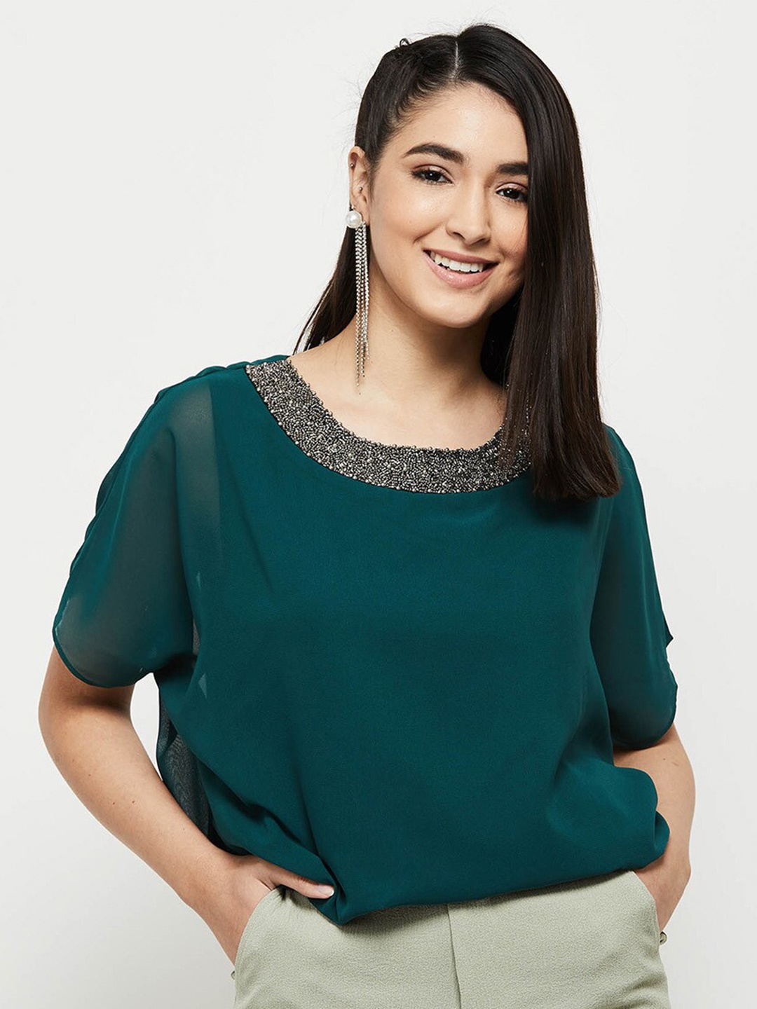 

max Women Embellished Round Neck Extended Sleeves Top, Green