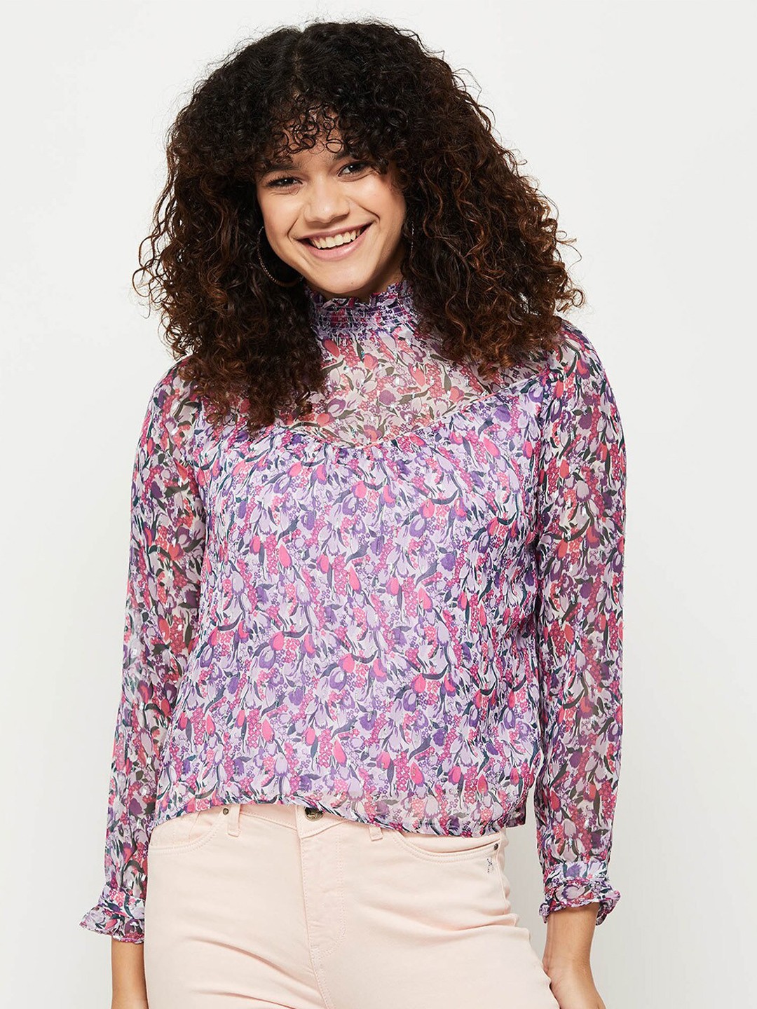 

max Women Floral Printed High Neck Top, Purple