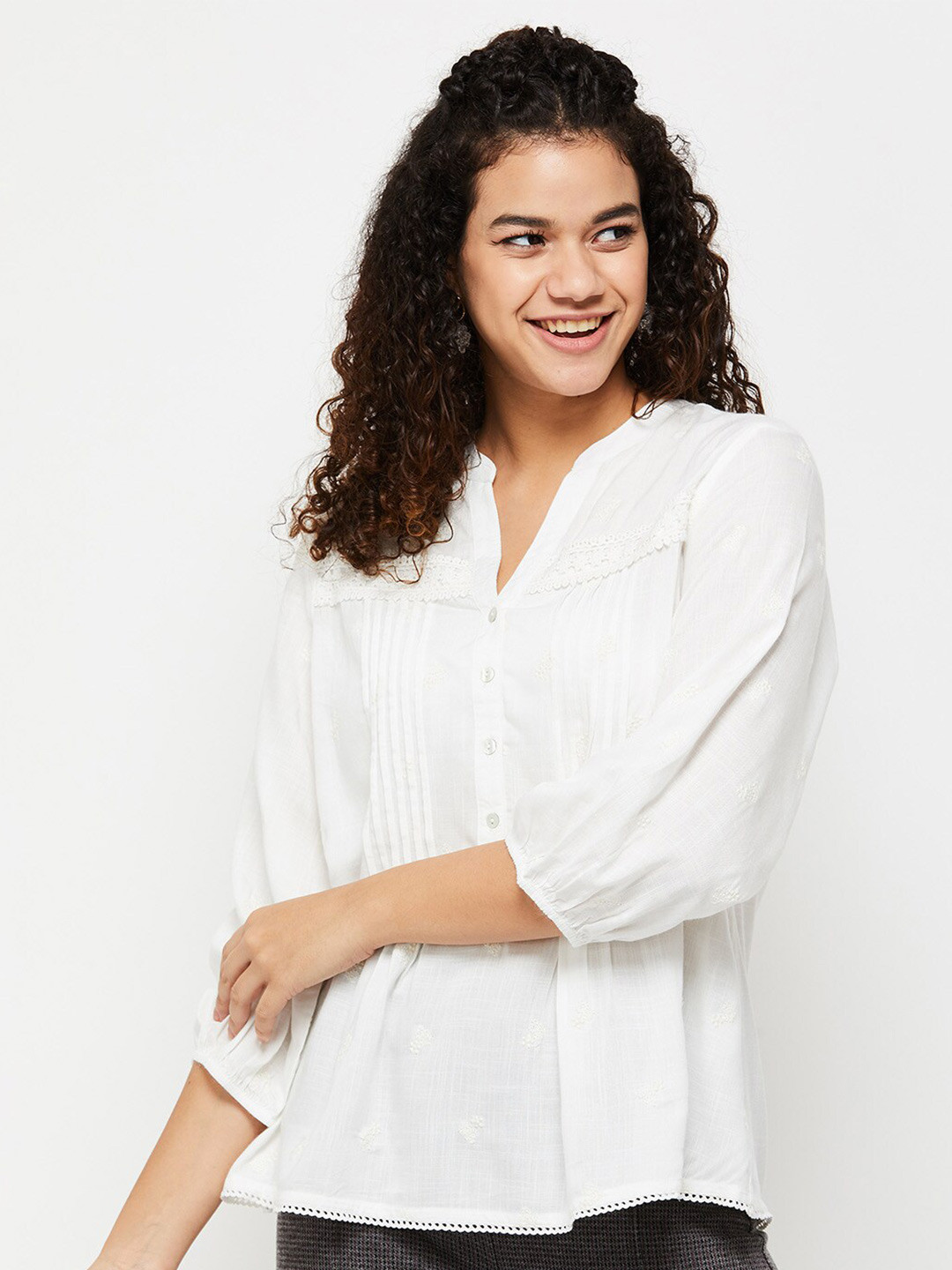 

max Women Solid Mandarin Collar Puff Sleeves Shirt Style Top, White