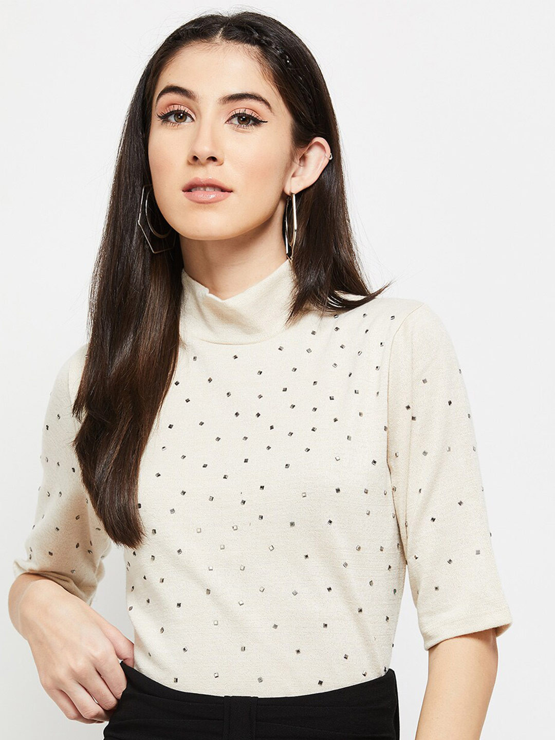 

max Women Embellished High Neck Regular Top, Beige