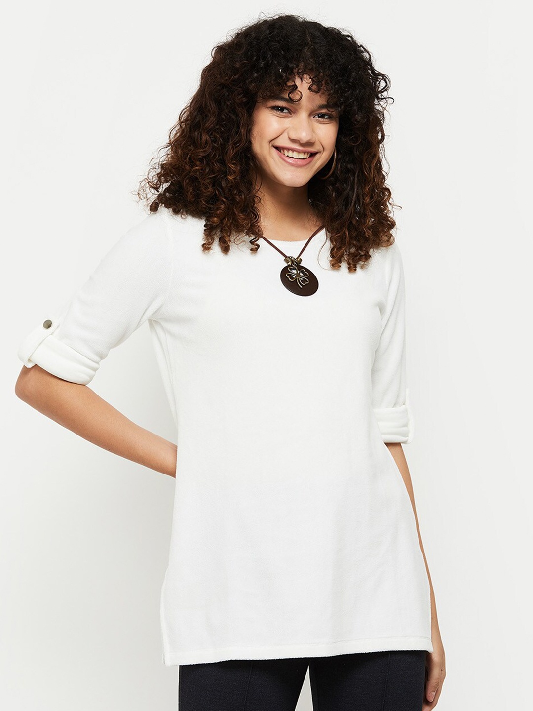 

max Women Solid Round Neck Roll-Up Sleeves Top, Off white