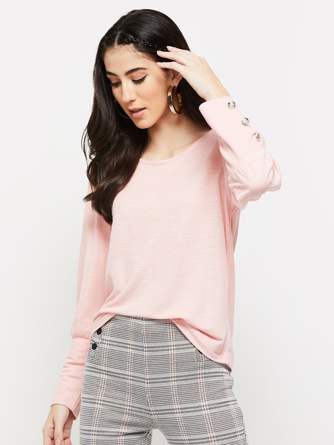 

max Women Solid Round Neck Cuffed Sleeves Top, Pink