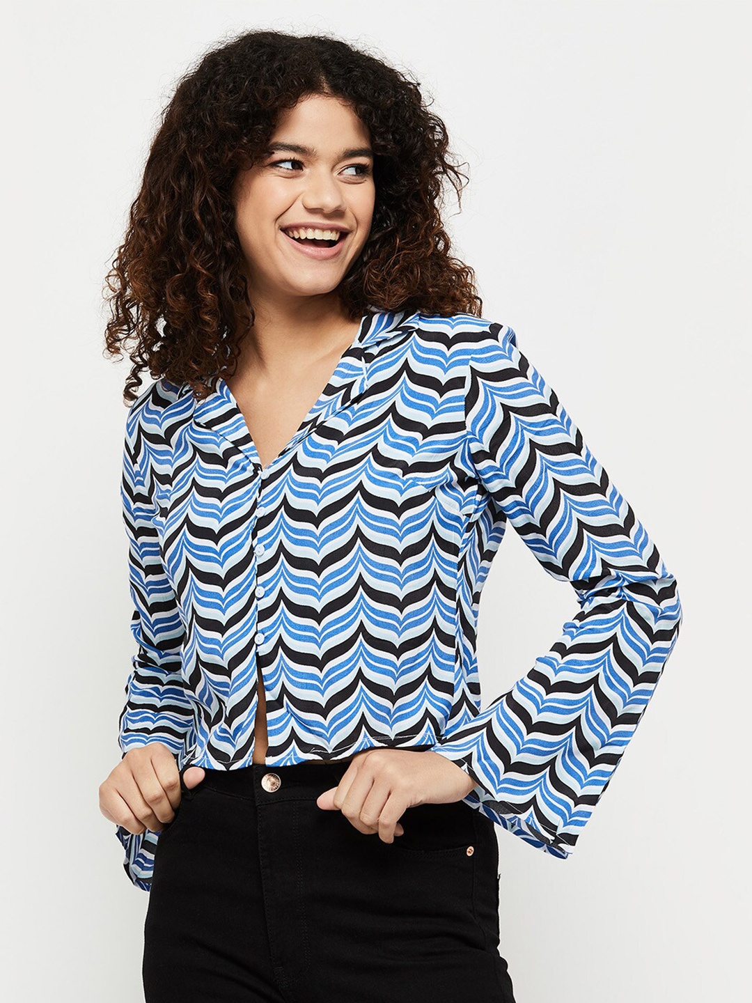 

max Women Geometric Printed Rayon Crop Top, Blue