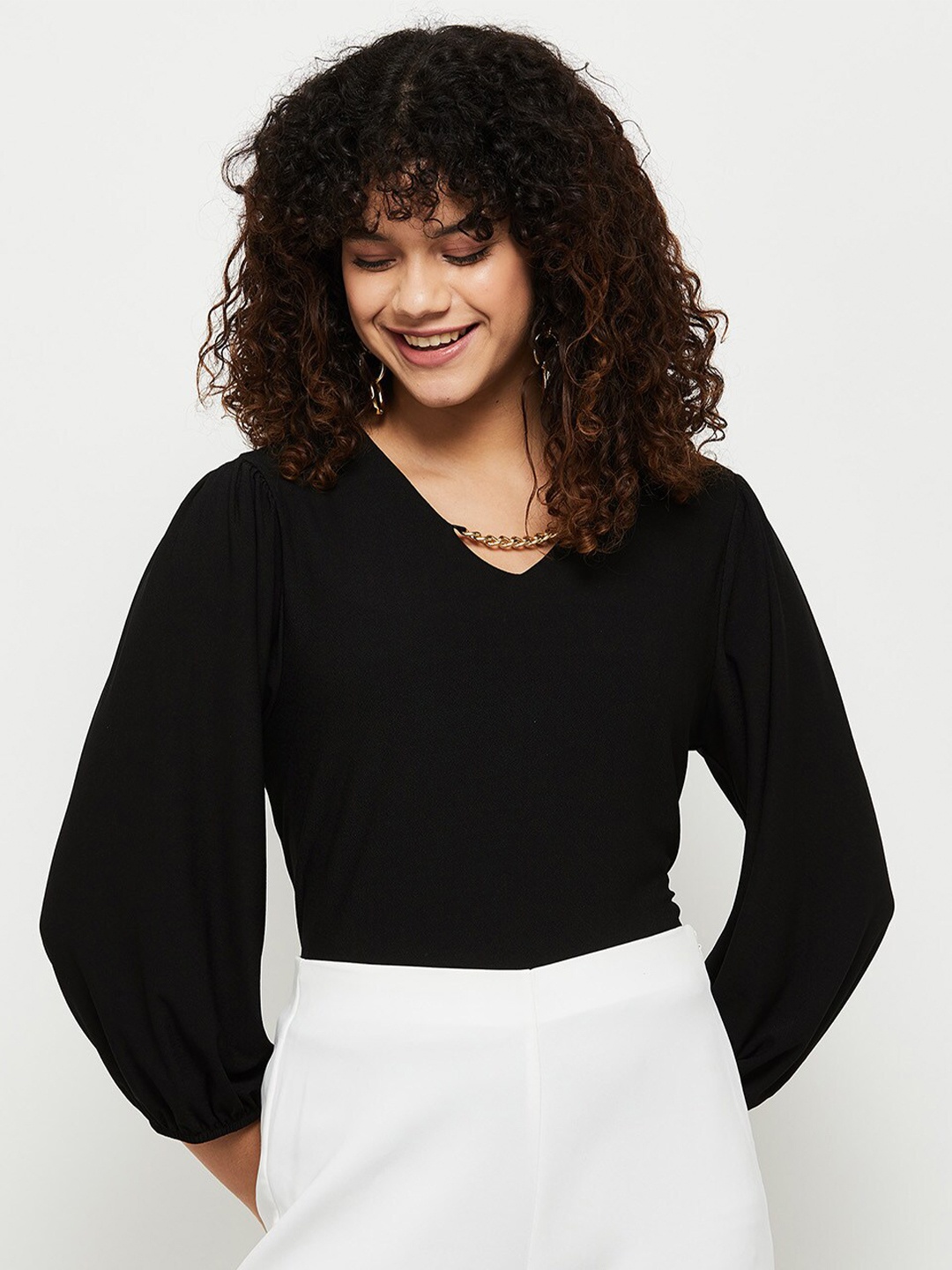 

max Women Embellished V-Neck Puff Sleeves Top, Black