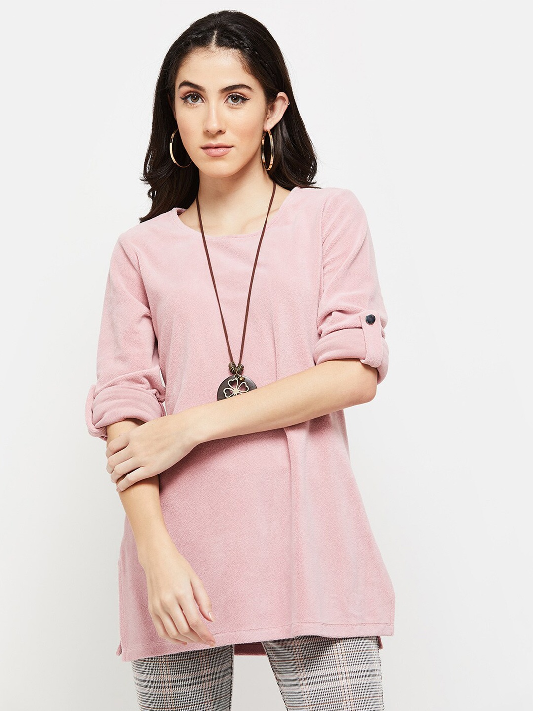 

max Women Solid Roll-Up Sleeves Longline Top, Peach