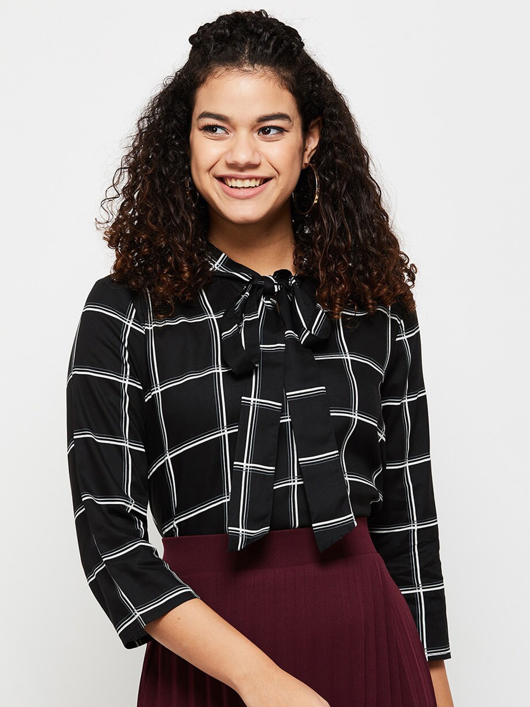 

max Black Checked Tie-Up Neck Top