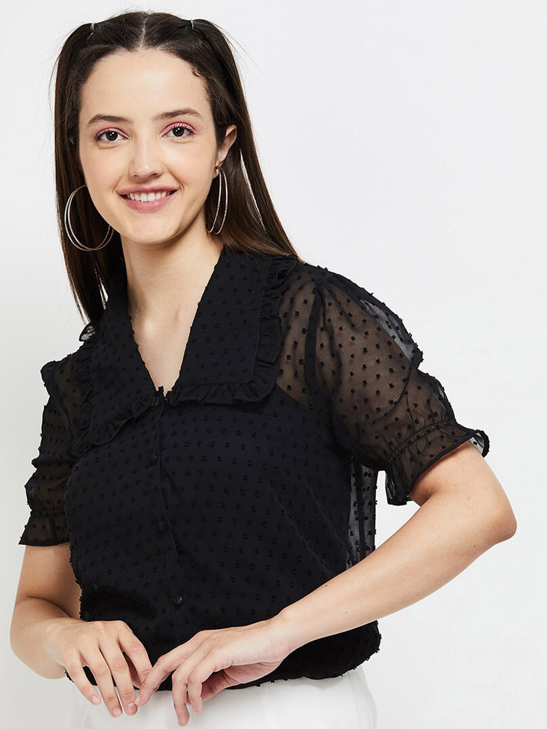 

max Women Self Designed Puff Sleeves Top, Black