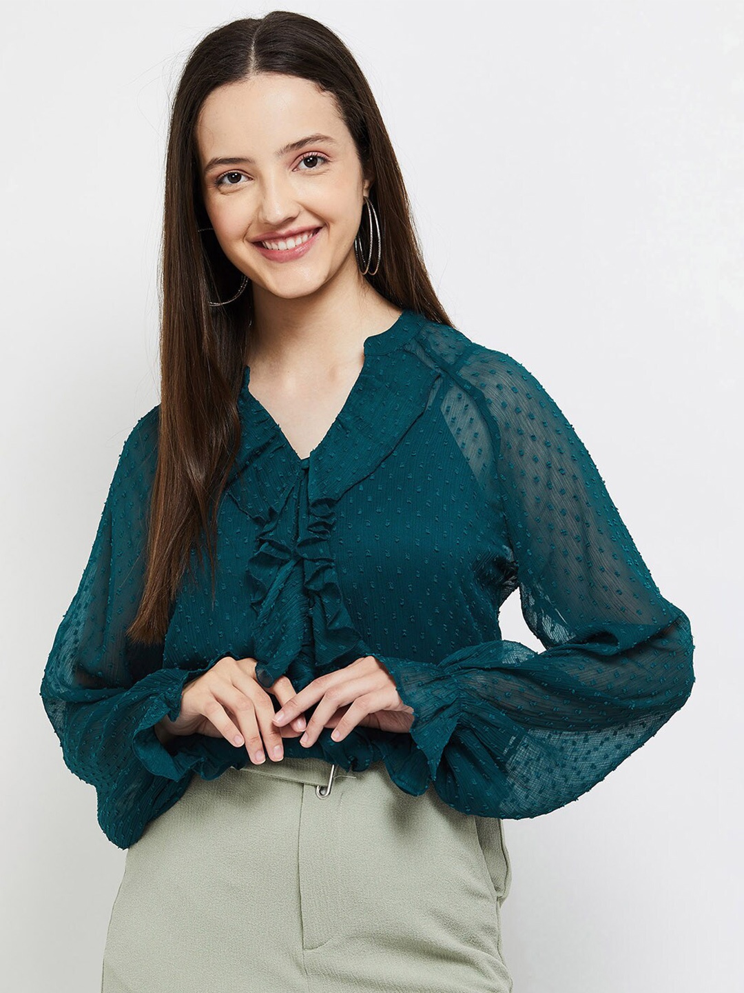 

max Women Self Design Mandarin Collar Ruffles Top, Teal