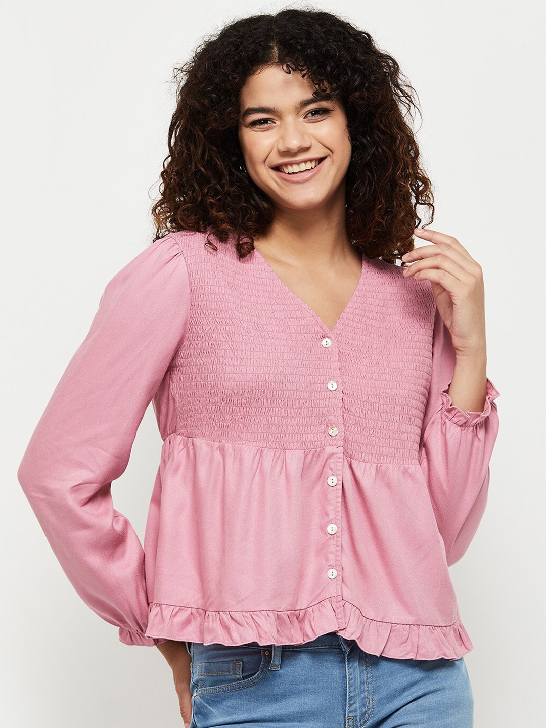 

max Women Solid Smocked Empire Crop Top, Rose