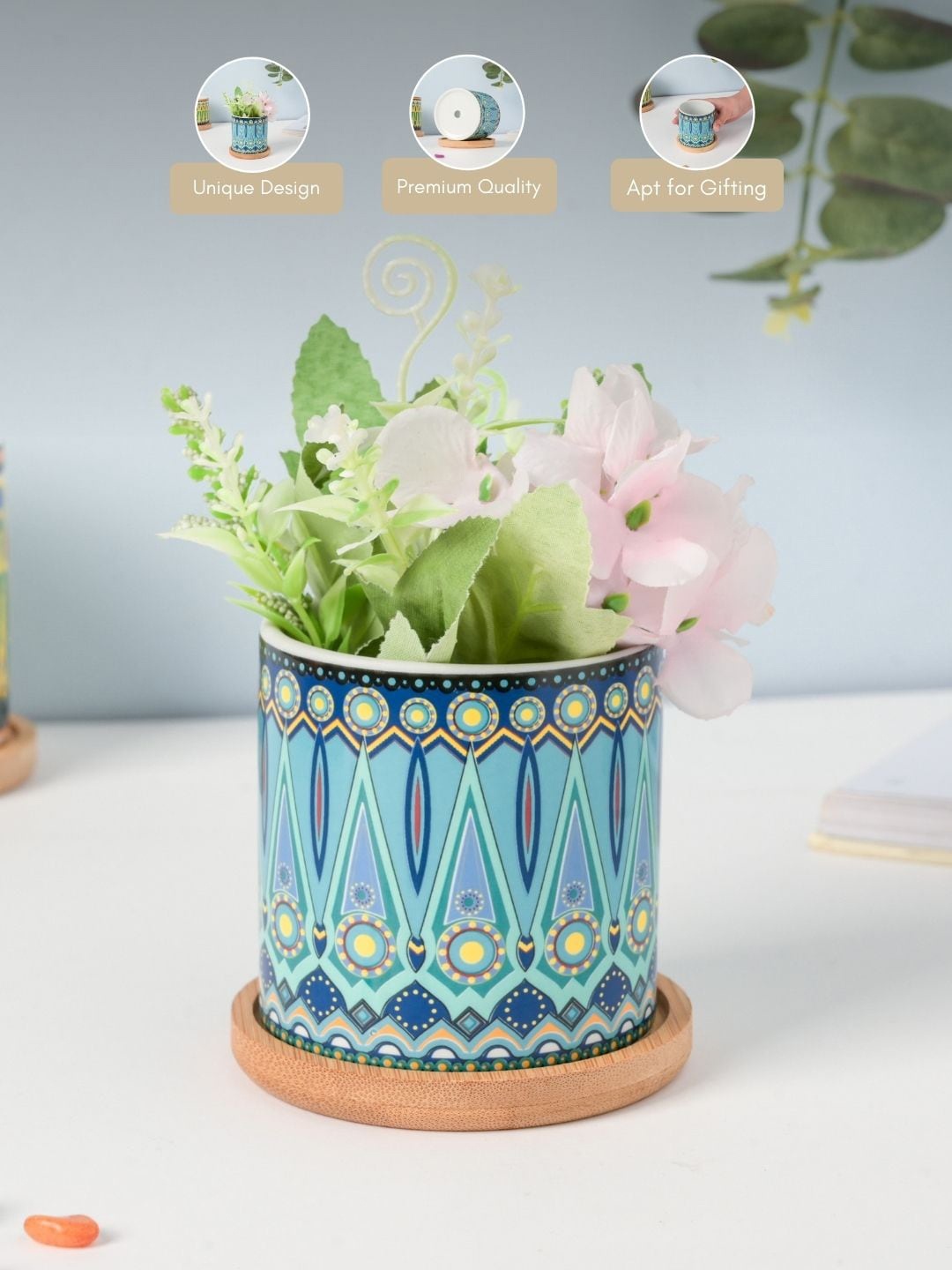 

Nestasia Printed Ceramic Planters With Coaster, Blue