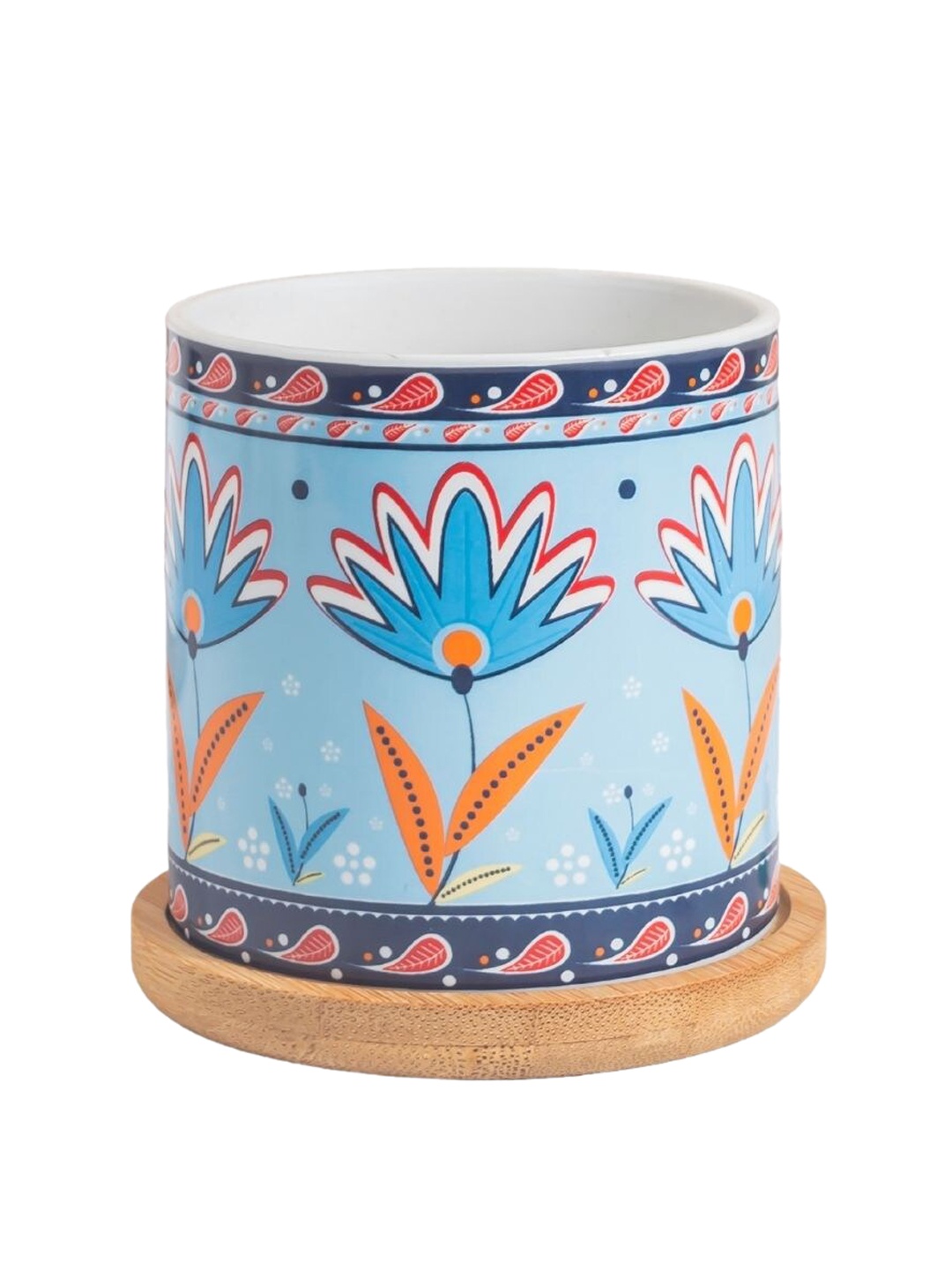 Nestasia Botanical Patterned Ceramic Planters With Wooden Coaster, Multi