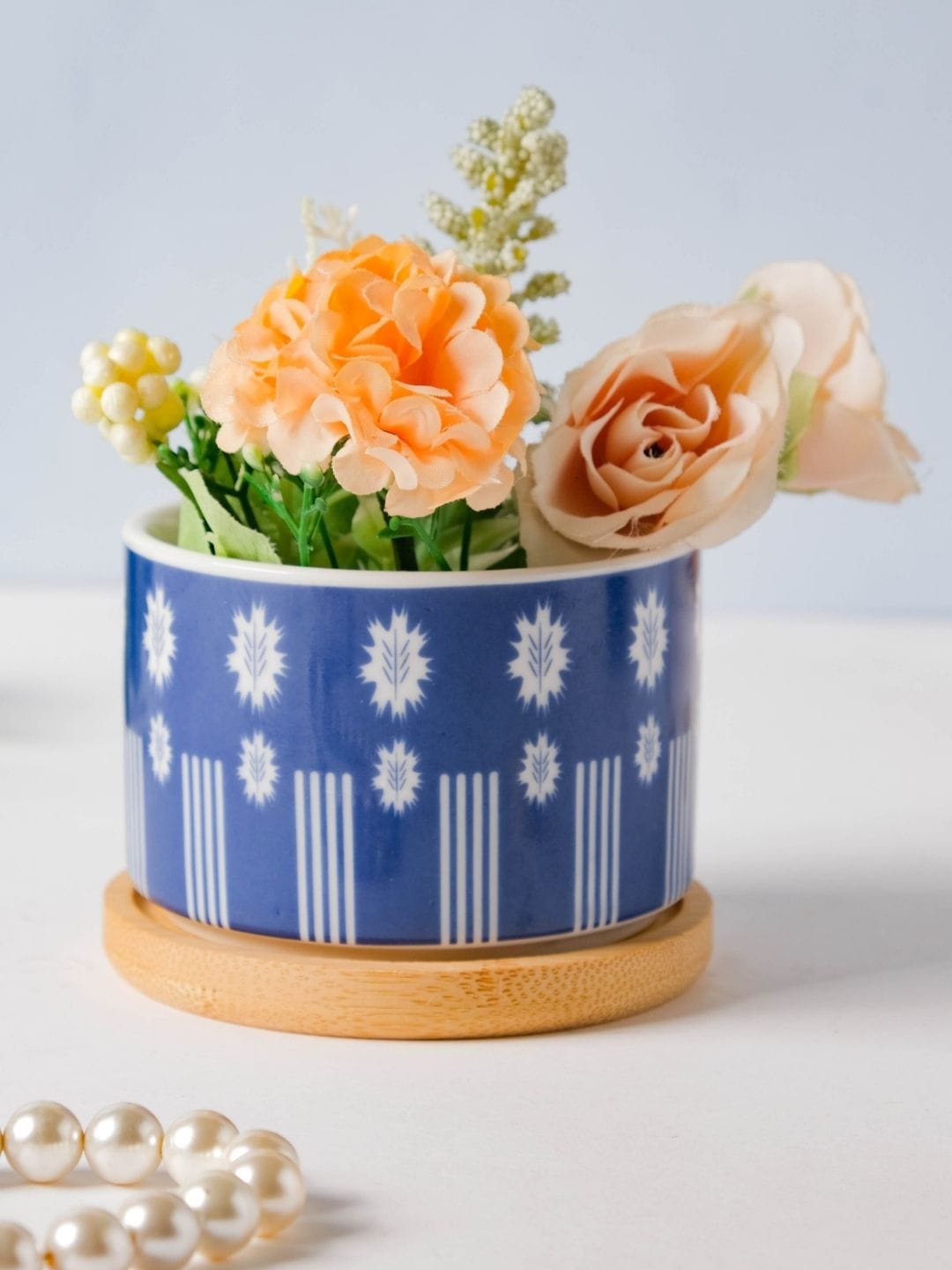 

Nestasia Printed Leaf Japanese Planter & Wooden Coaster, Blue