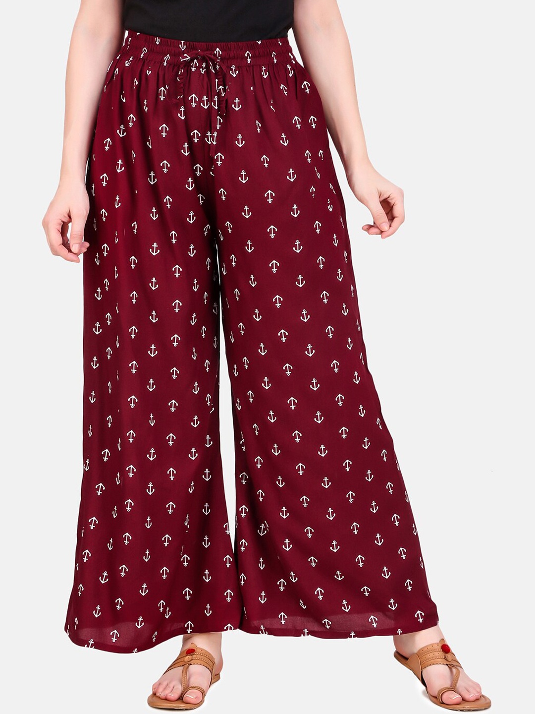 

Aawari Women Printed High-Rise Pleated Trousers, Maroon