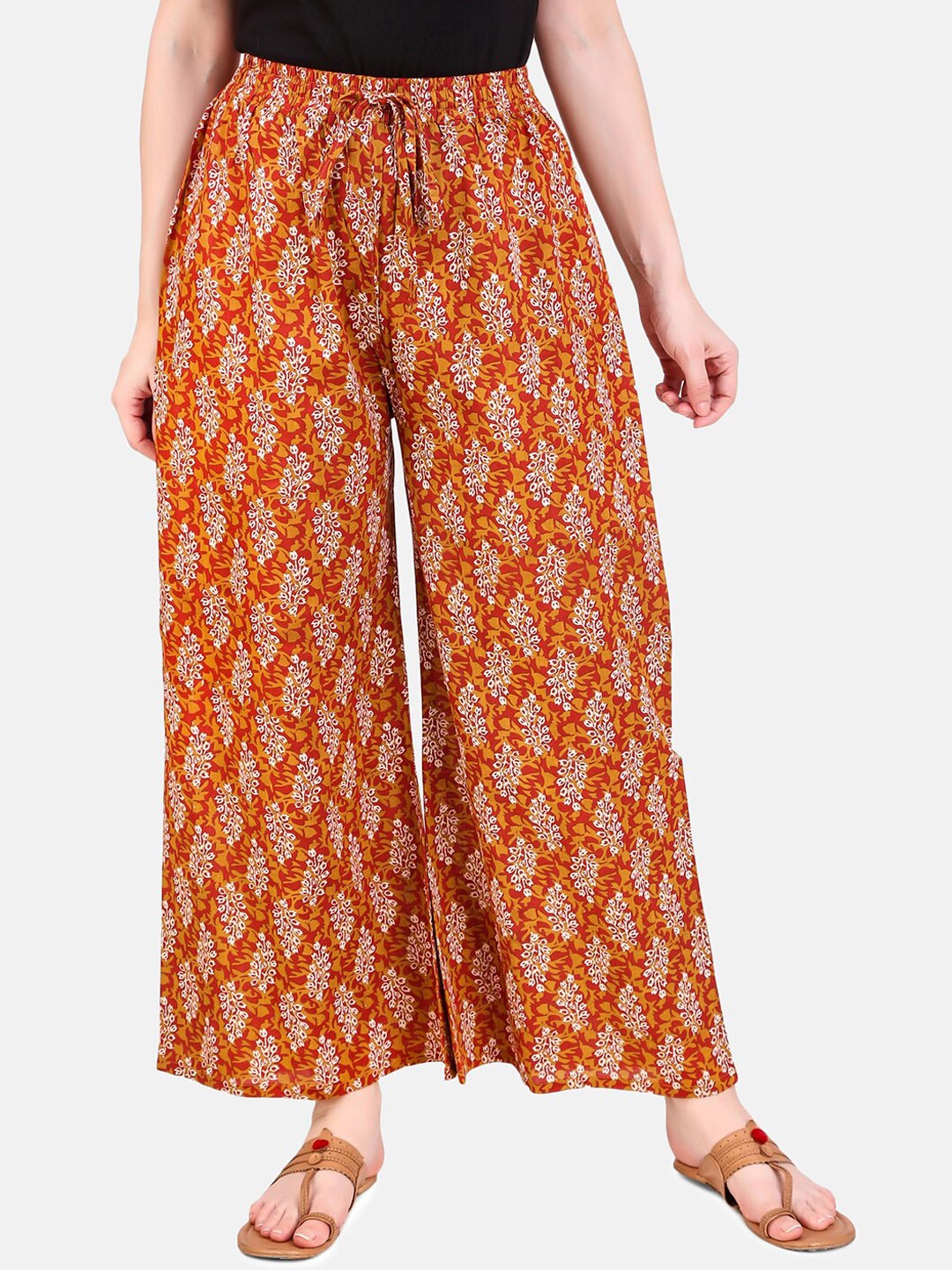 

Aawari Women Floral Printed High-Rise Trousers, Mustard