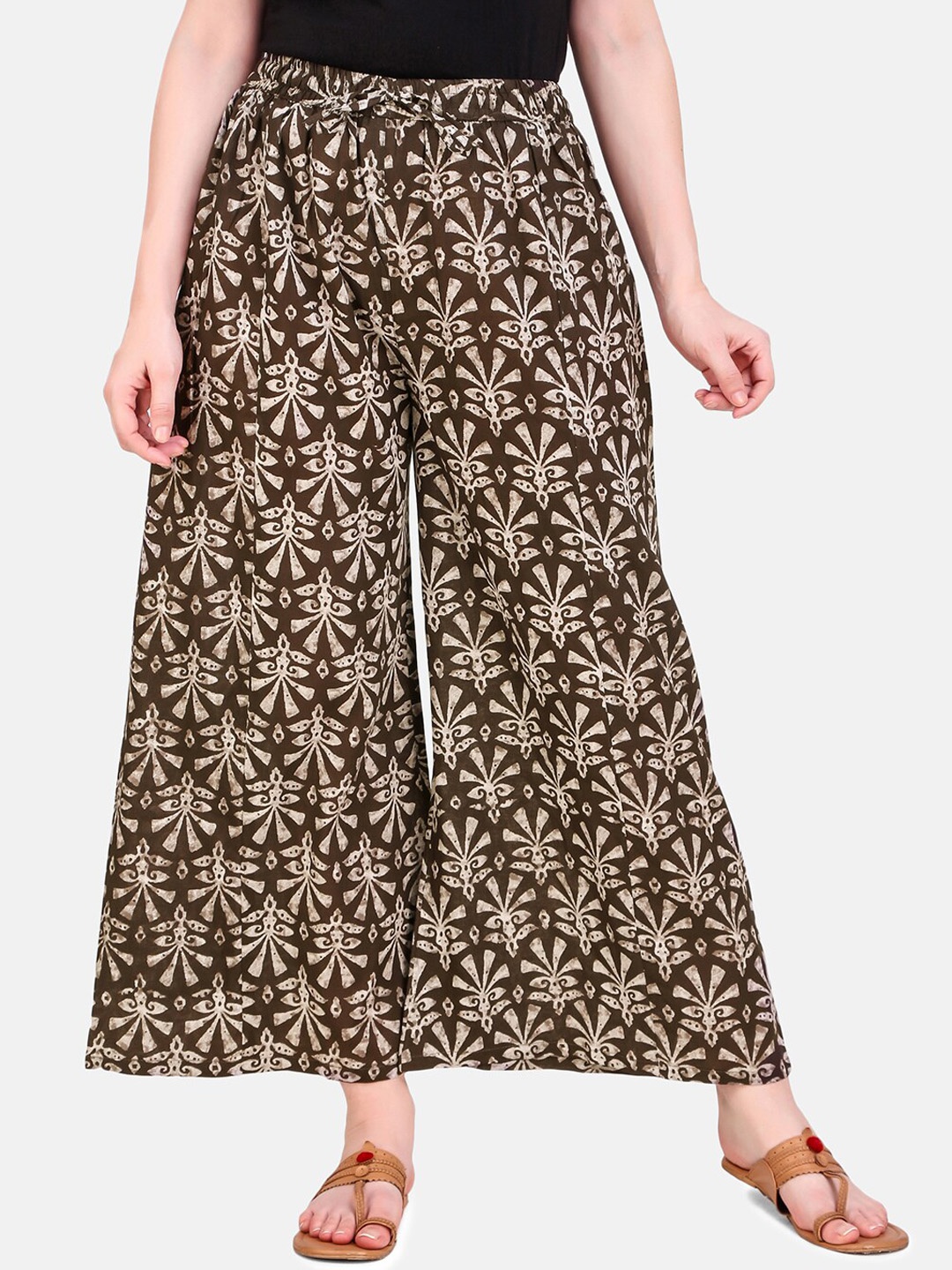 

Aawari Women Beige & Brown Floral Printed Flared Knitted Palazzos