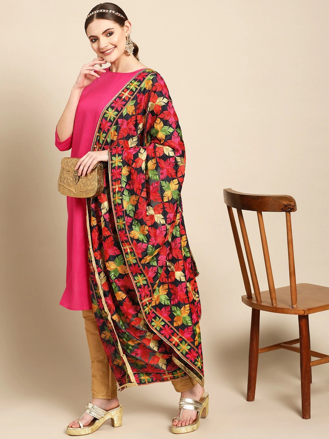 

Sangria Black & Red Embroidered Dupatta with Phulkari