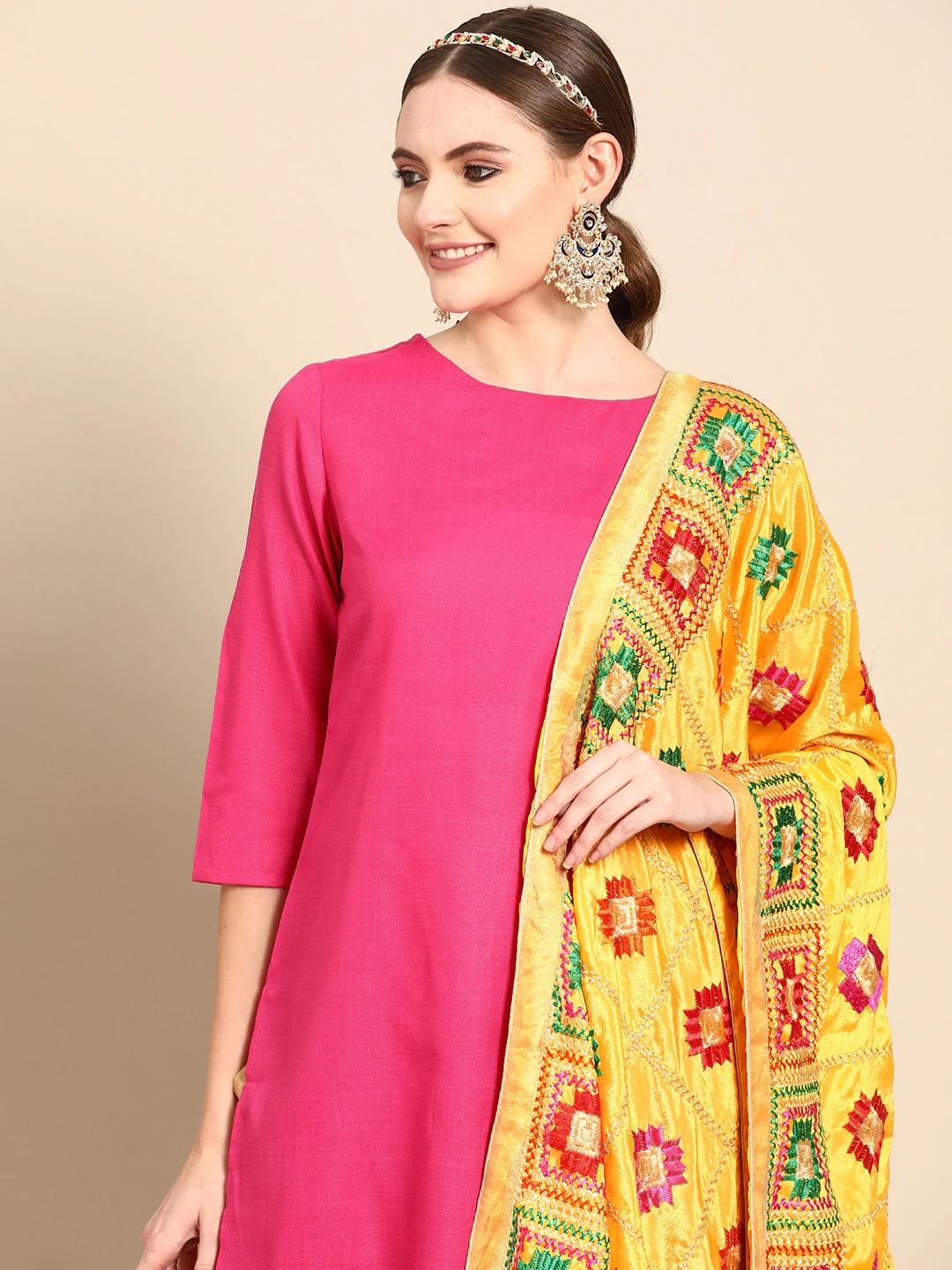 

Sangria Yellow & Red Embroidered Viscose Rayon Dupatta with Phulkari