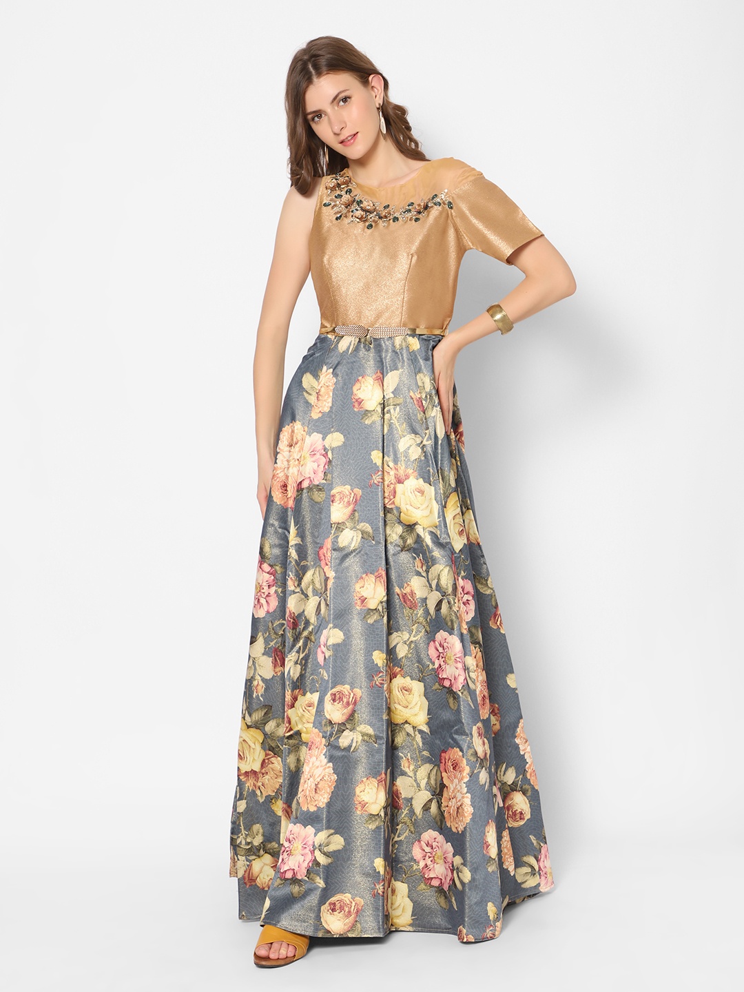 

Kiya Women Floral Printed Fit & Flare Embellished Ethnic Dress, Gold