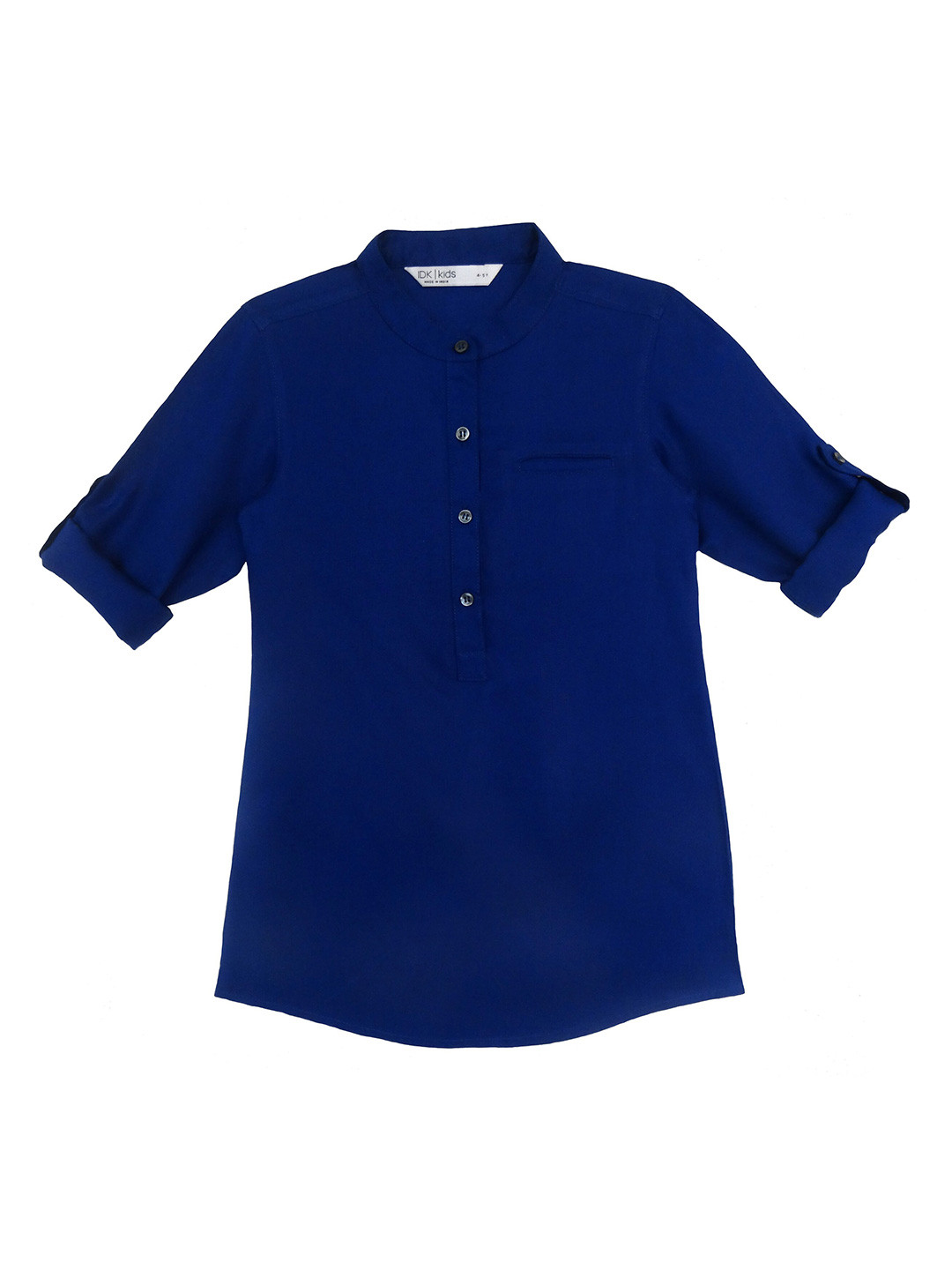 

IDK Blue Girls Solid Mandarin Collar Roll-Up Sleeves Shirt Style Top