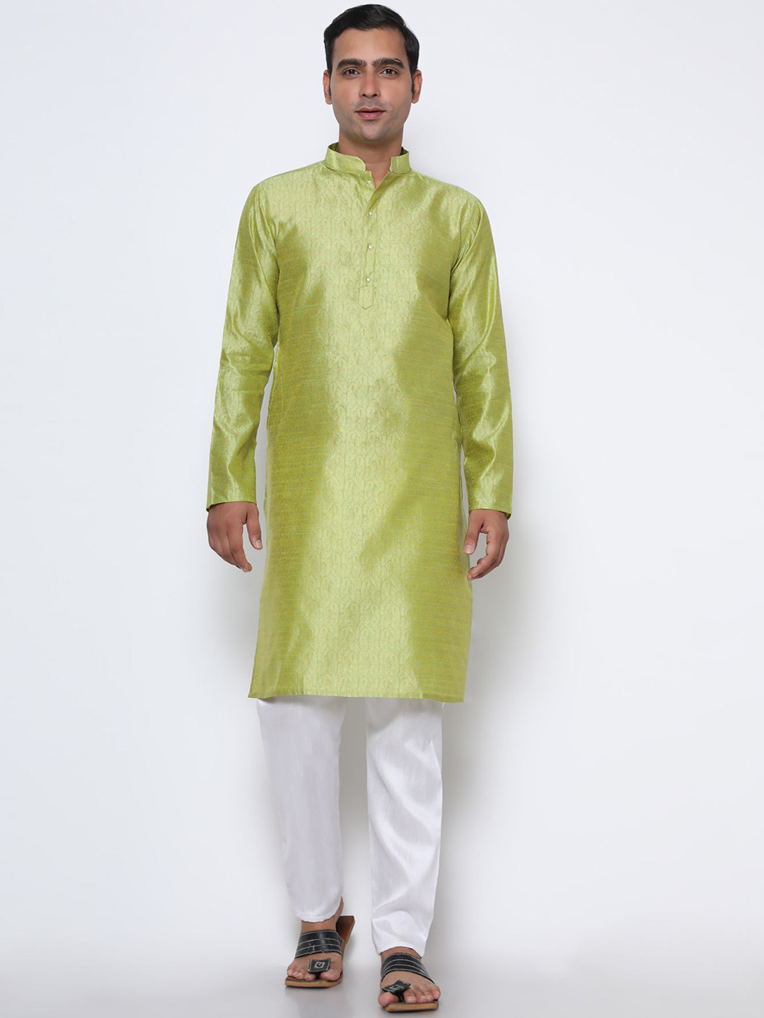 

Phenav Men Lime Green Paisley Jacquard Pure Silk Kurta with Pyjama