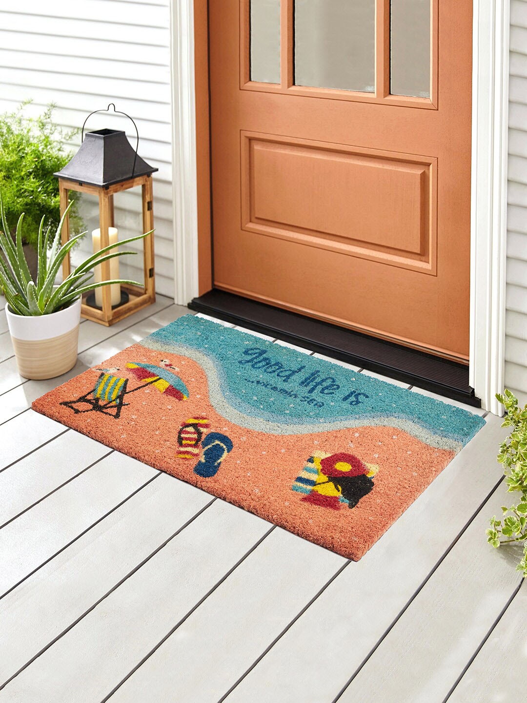 

HomeTown Good Life Is Vitamin Sea Printed Coir Doormat, Coral