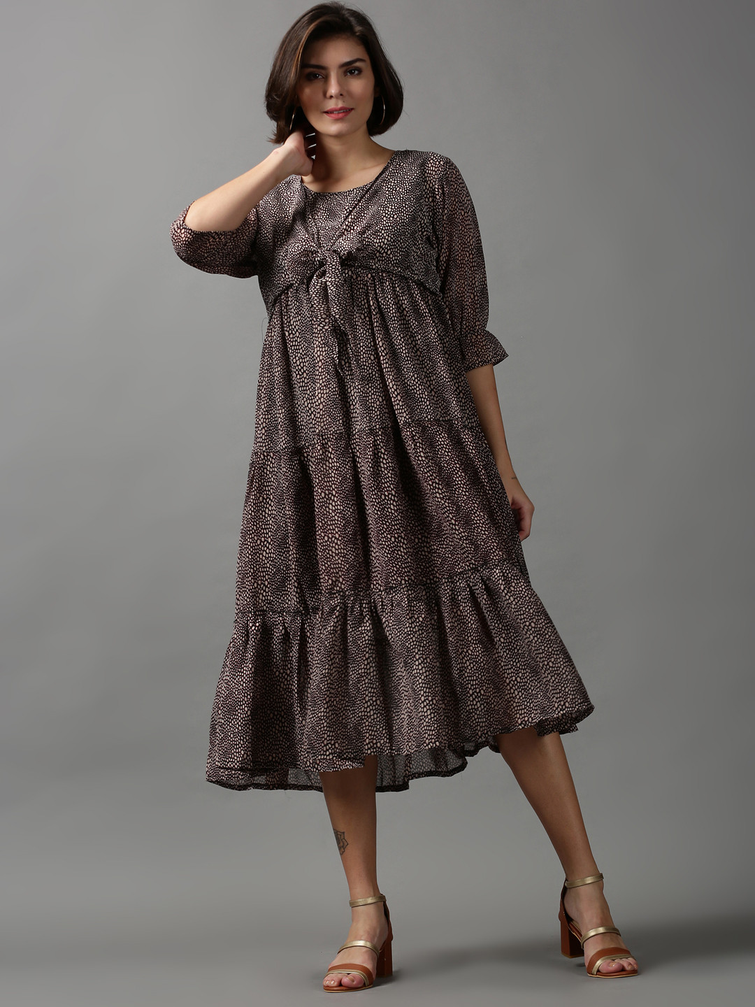 

SHOWOFF Women Animal Printed Georgette Tiered A-Line Midi Dress, Black