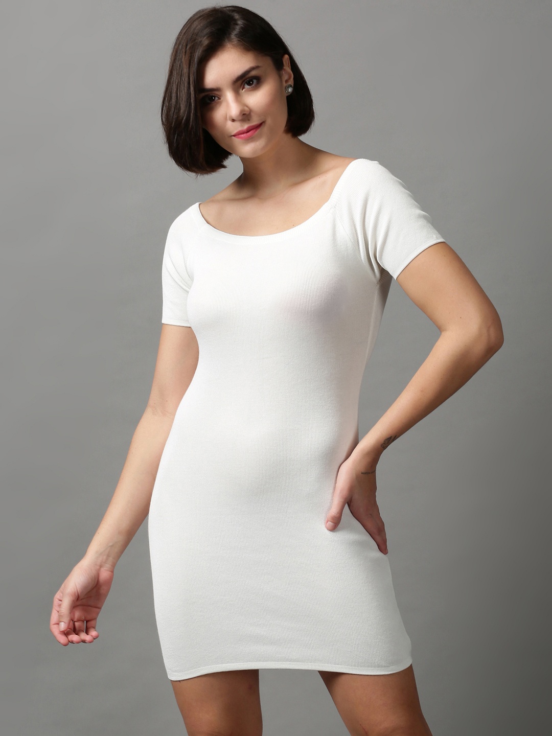 

SHOWOFF Women Solid Above Knee Bodycon Dress, Off white